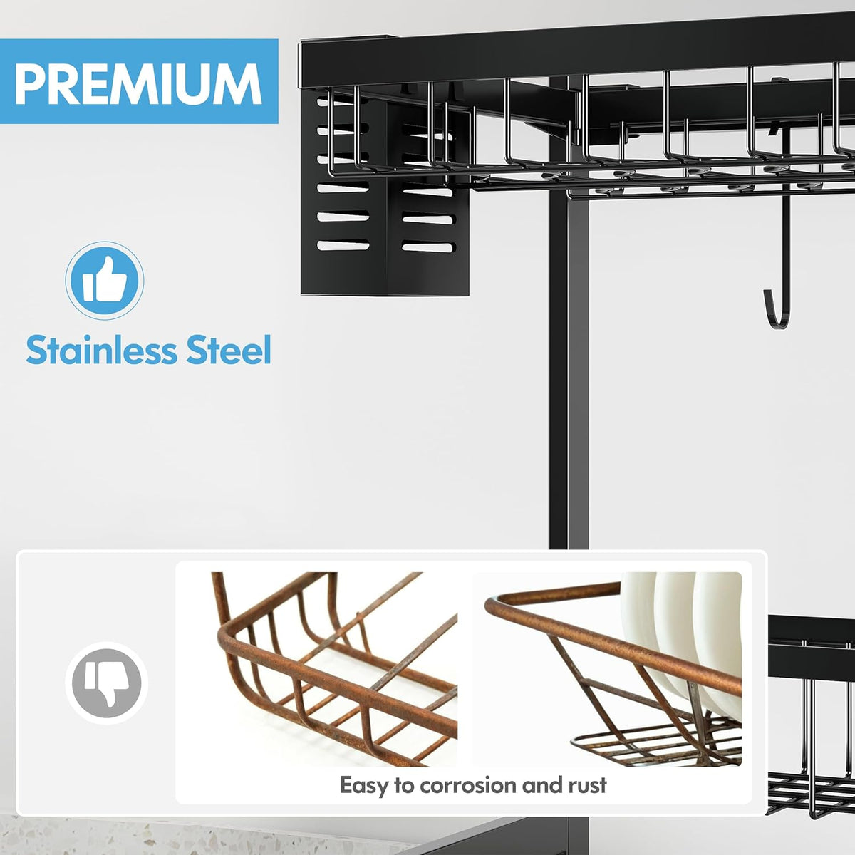 2 Tier Extra Large Stainless Steel Expandable Over The Sink Dish Drainer Drying Rack, Rust Proof Metal, Space Saving, Modern Black Big Capacity Extendable Plate Strainers Above Kitchen Counter