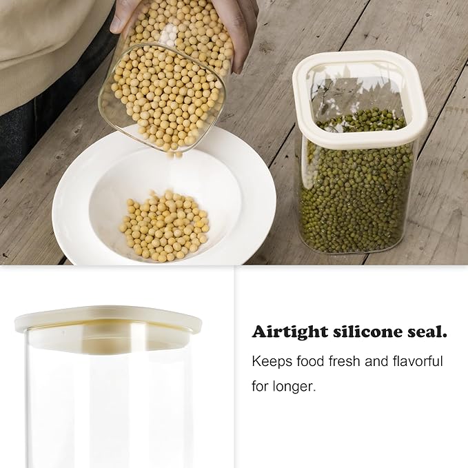 4pcs 25oz Square Pantry Glass Jars with Clear Airtight Lids Kitchen Canisters Sets for Flour, Sugar Refrigerator Safe, Patent Approved