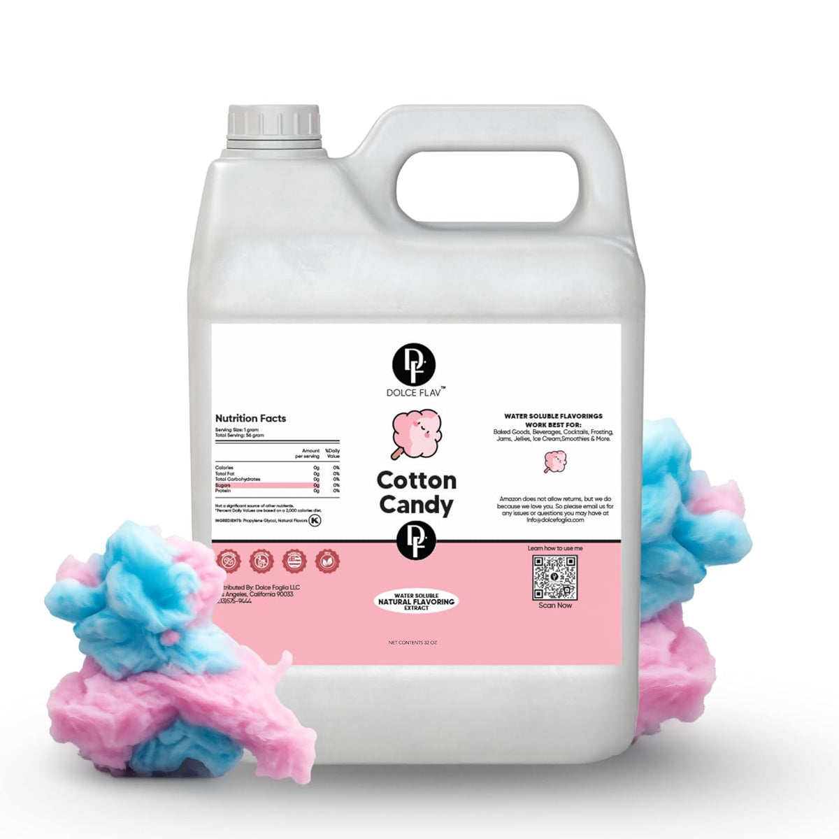 Dolce Flav Cotton Candy Flavoring – 32 oz. – Premium Water-Based Extract for Ice Cream, Boba, Desserts, Beverages & Baked Goods | Great for Cafés, Bakeries & Restaurants