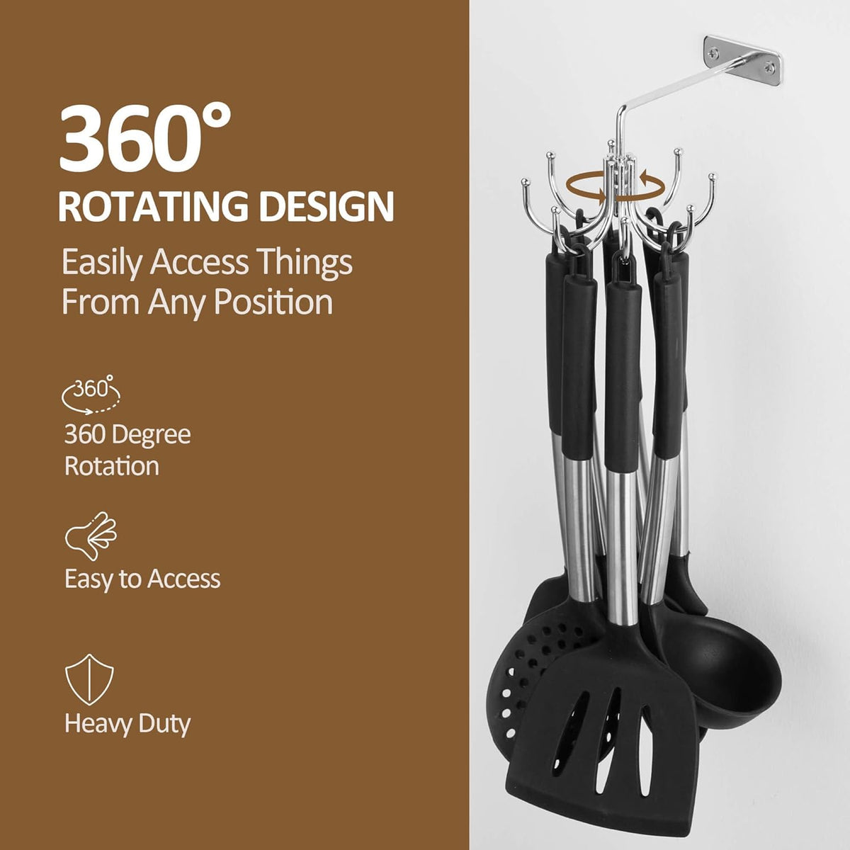 ZEDODIER Kitchen Cooking Utensil Holder, 360° Rotating Kitchen Hooks for Hanging Utensils, Heavy Duty Metal Utensil Rack with 8 Storage Capacity for Utensil, Towel, Pot, Glove, Aprons, Silver