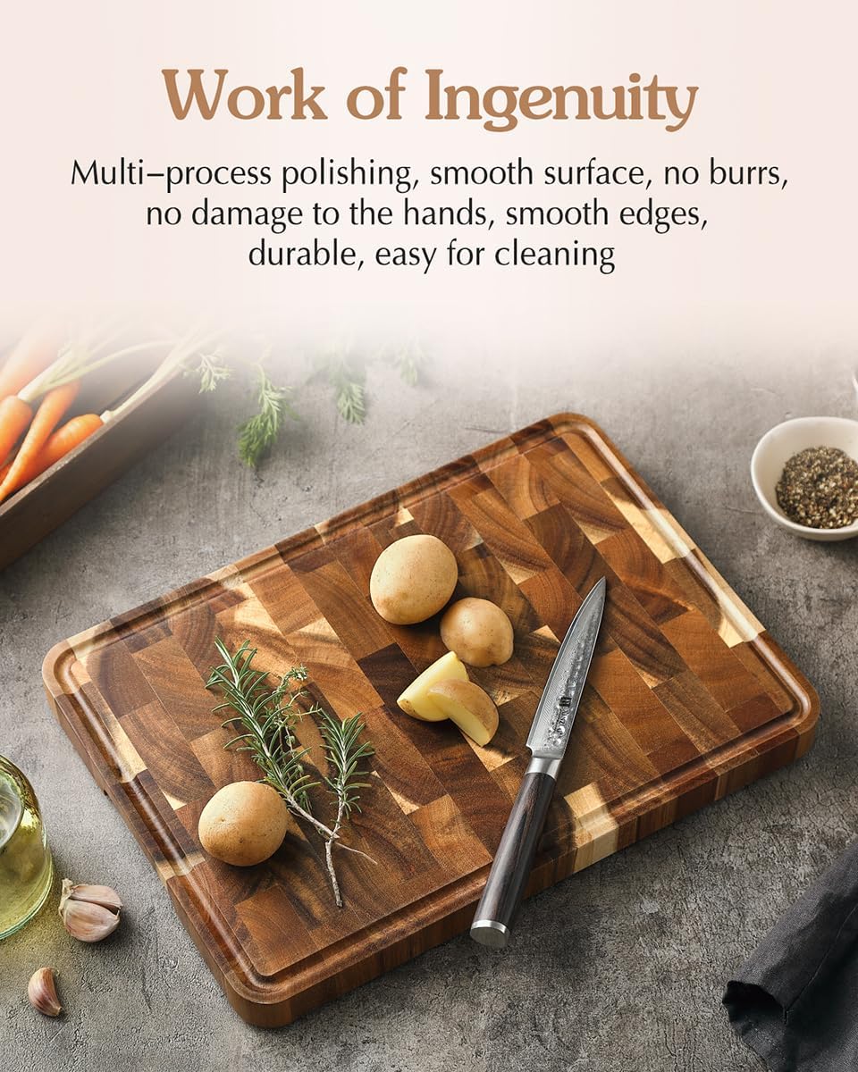XINZUO Acacia Wood End Grain Cutting Board (13.8''L x 9.8''W x 1''T)-Wooden Chopping Board with Non-Slip Feet, Side Handles and Juice Groove