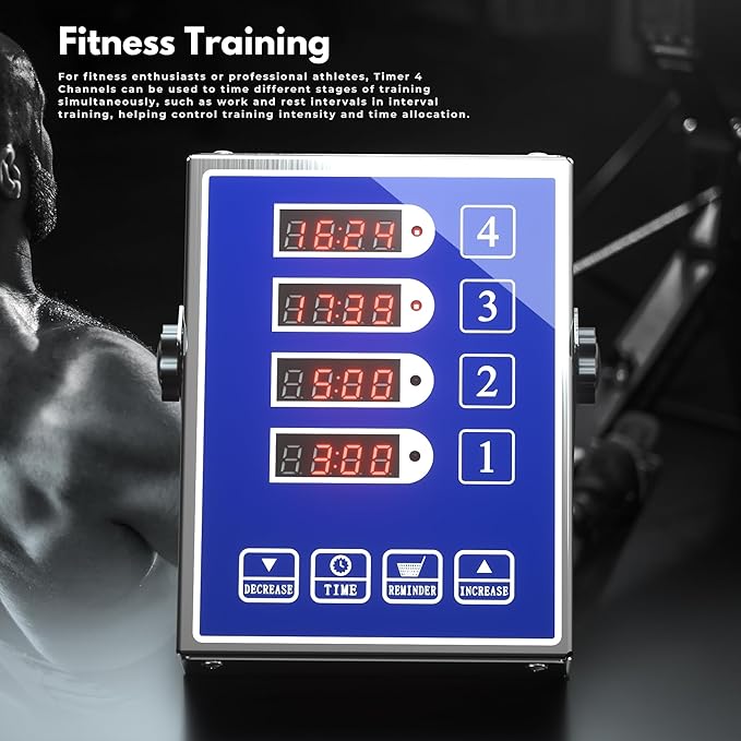 Commercial Kitchen Timer with 4 Channels, Digital Timer for Cooking, Loud Alarm Volume +/-, Food Truck Restaurant Supplies, Heavy Duty Stainless Steel Large Timers, Waterproof Panel & Memory Function