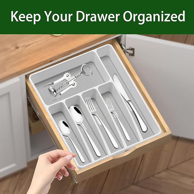 Silverware Organizer Utensil Organizer Holder Kitchen Drawer Organizer Plastic Silverware Tray for Drawer Flatware Organizer 6 Compartment White