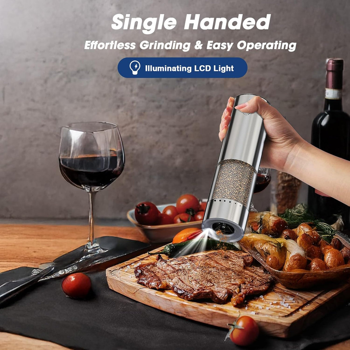 HomeHacks Upgraded Larger Capacity Electric Salt and Pepper Grinder Set, Rechargeable Type-C with LED Light, Stainless Steel Automatic & 6 Adjustable Coarseness, Ideal for Housewarming/Christmas Gifts