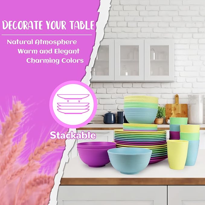 Kitchen Wheat Straw Dinnerware Set | Service for 8 | Unbreakable Dinnerware Set Plates and Bowls Sets Dinner Plates Dessert Plate Drinking Glasses Cereal Bowls Kitchen Dishes Sets - Memphis