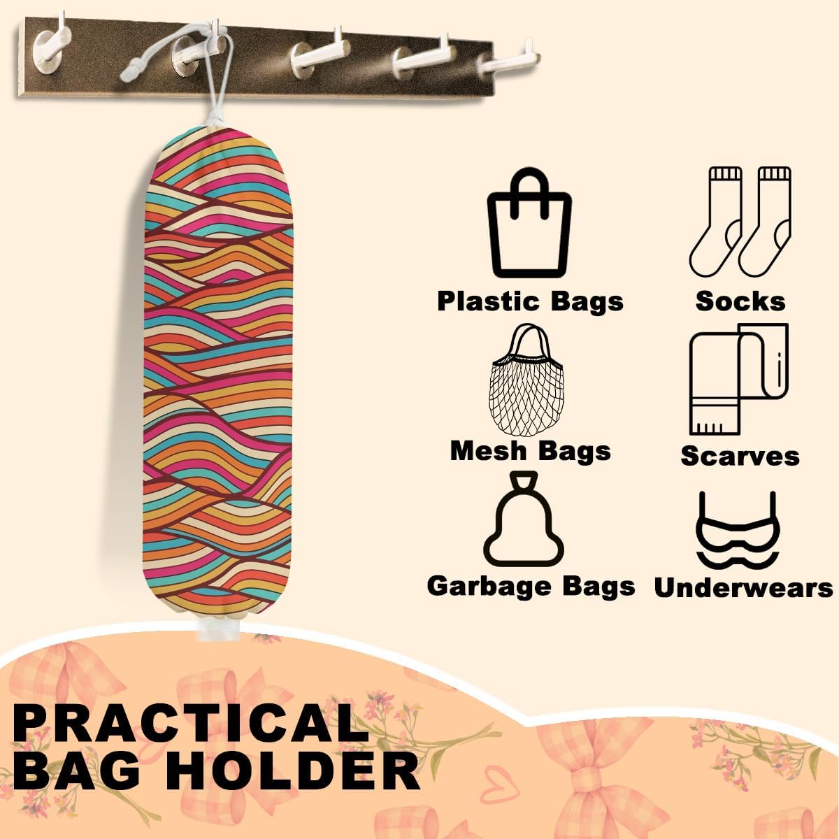 Abstract Wave Seamless Pattern Plastic Bag Holder, Wall Mount Grocery Bag Holder for Plastic Bags, Colorful Wavy Print Reusable Grocery Bags Storage Dispenser, Farmhouse Home Kitchen Decor