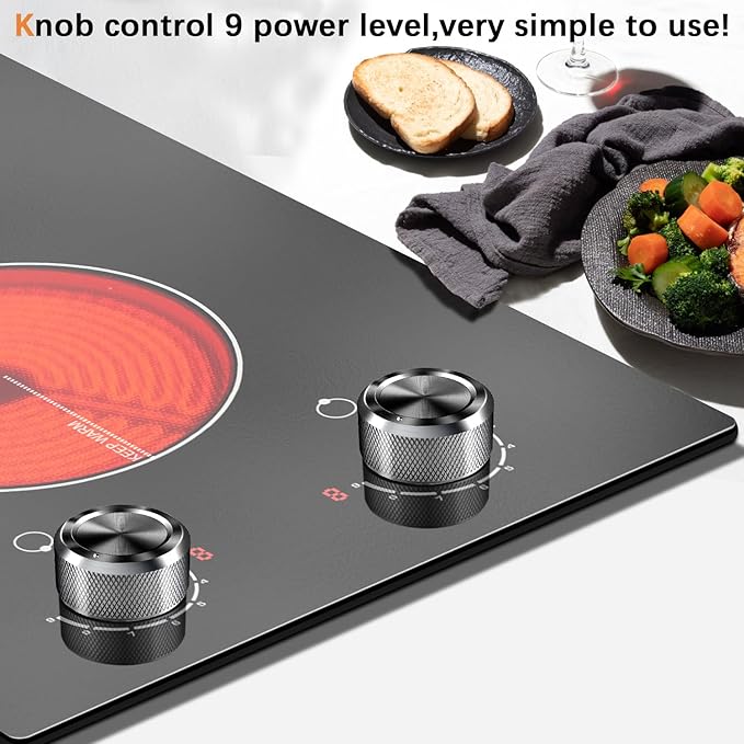 Karinear 110V Electric Cooktop 2 Burners Electric Stove 12 Inch Knob Control Countertop & Built-in Ceramic Cooktop, 9 Heating Level, Hot Warning, Over-Temperature Protection(Silver Knob)