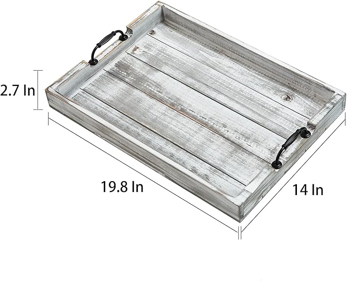 Rustic Vintage Big Wood Food Serving Trays with cutout Metal Handles(20 Inches) large Nesting Board Decorative Serving Trays Platter for Breakfast in Bed, Ottoman, Coffee Table, BBQ, Party(Gray white)