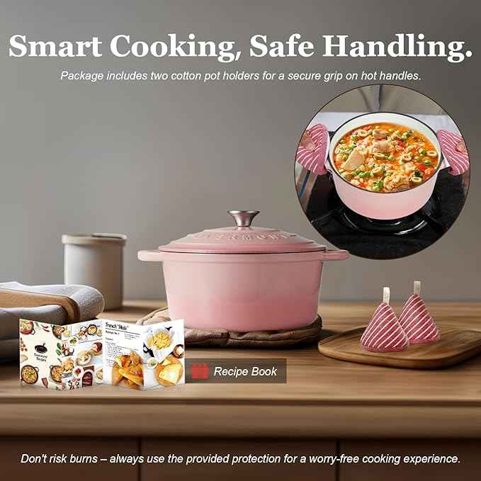 Overmont Enameled Cast Iron Dutch Oven - 7QT Pot with Lid Cookbook & Cotton Potholders - Heavy-Duty Cookware for Braising, Stews, Roasting, Bread Baking pink
