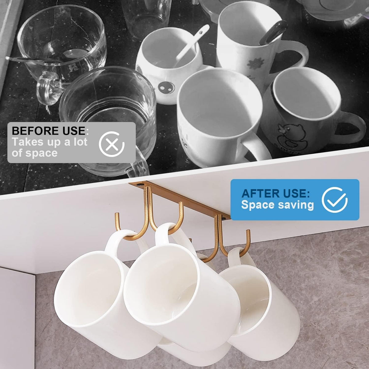 Mug Rack Under Cabinet - Coffee Cup Holder, 12 Mugs Hooks Under Shelf, Display Hanging Cups Drying Hook for Bar Kitchen Utensils Gold