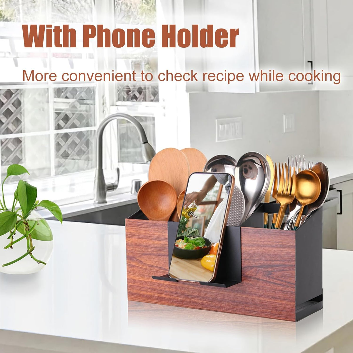 Utensil Holder Large Iron Flatware Container with 3 Compartments Countertop Wall-mounted Kitchen Utensil Storage (Black)
