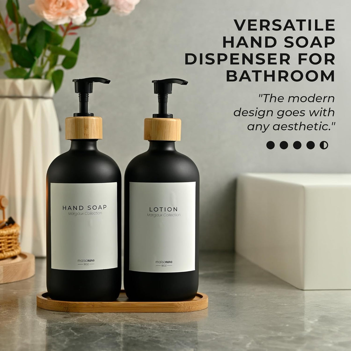 Maisonovo Glass Soap Dispenser Bathroom Set | Hand Soap and Dish Soap Dispenser Set | 16.9oz Amber Bottles with Black Bamboo Pump | Bathroom Lotion Dispenser Set of 2