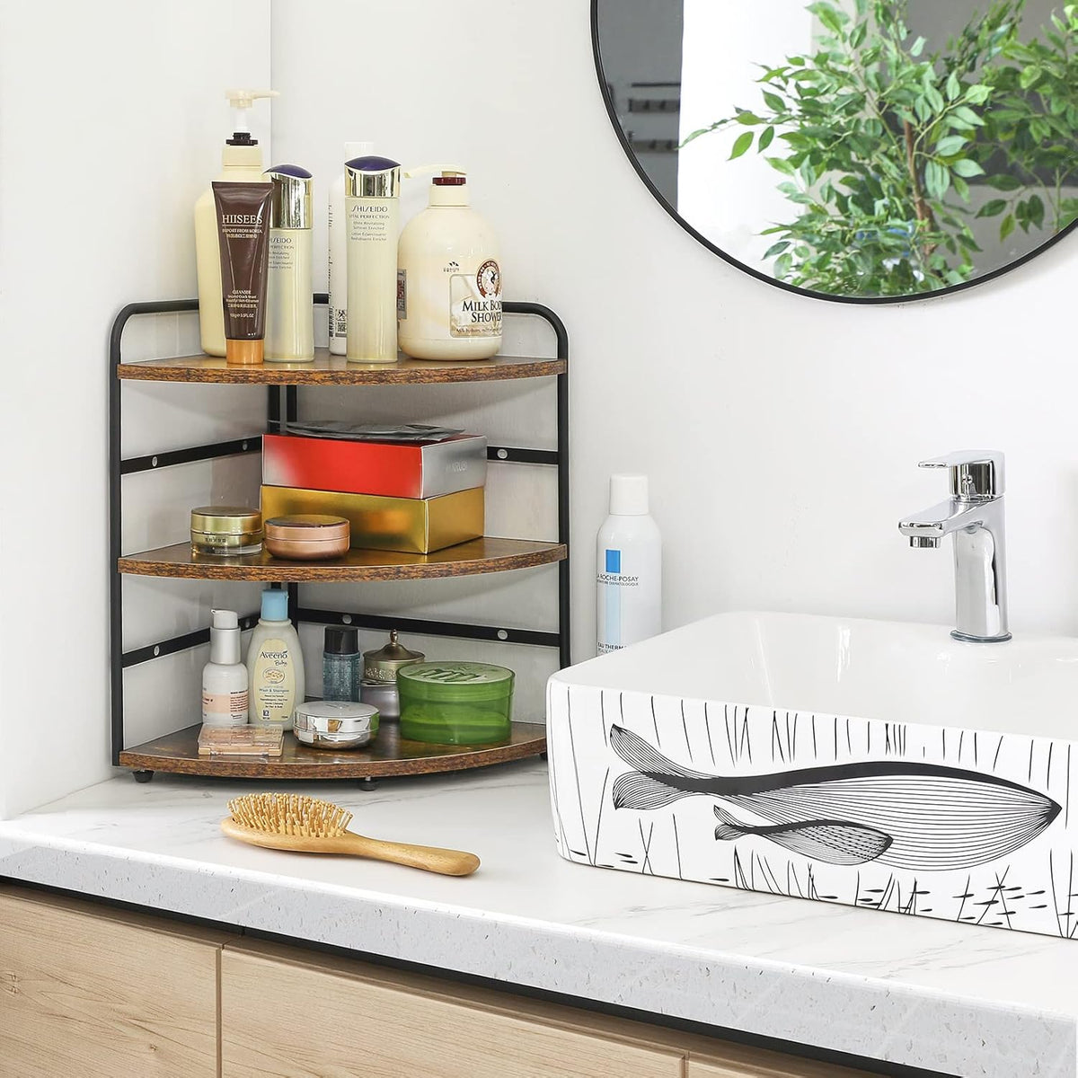 IBUYKE Corner Shelf, Kitchen Counter Organizer, Bathroom Vanity Trays, 3-Tier Spice Rack for Small Spaces,Cosmetic Storage Perfume Holder, Adjustable Height, Rustic Brown,TWJ002H