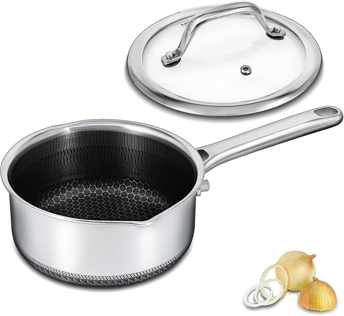 Hybrid Nonstick 3 QT Saucepan with Lid, Stainless Steel Honeycomb Pot with Two Pour Spouts,Compatible with All Cooktops,Dishwasher and Oven Safe