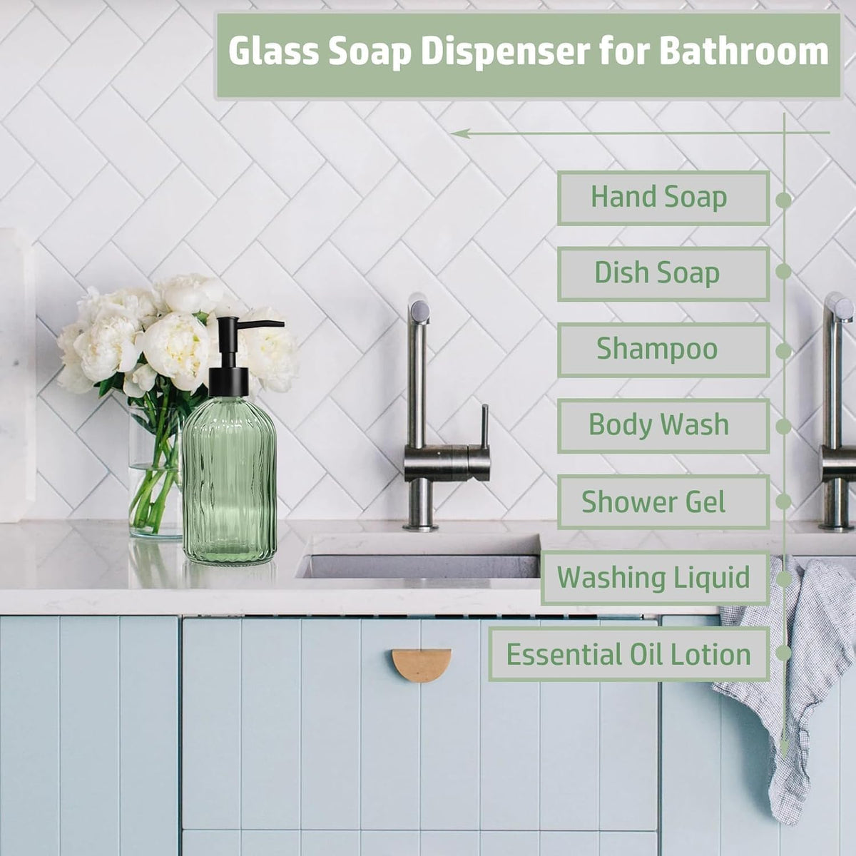 14 Oz Black Pump Glass Soap Dispenser, Green Stripe Countertop Refillable Liquid Bottle Hand Dish Lotion Dispenser with Plastic Pump, for Kitchen, Bathroom, 2 Pack