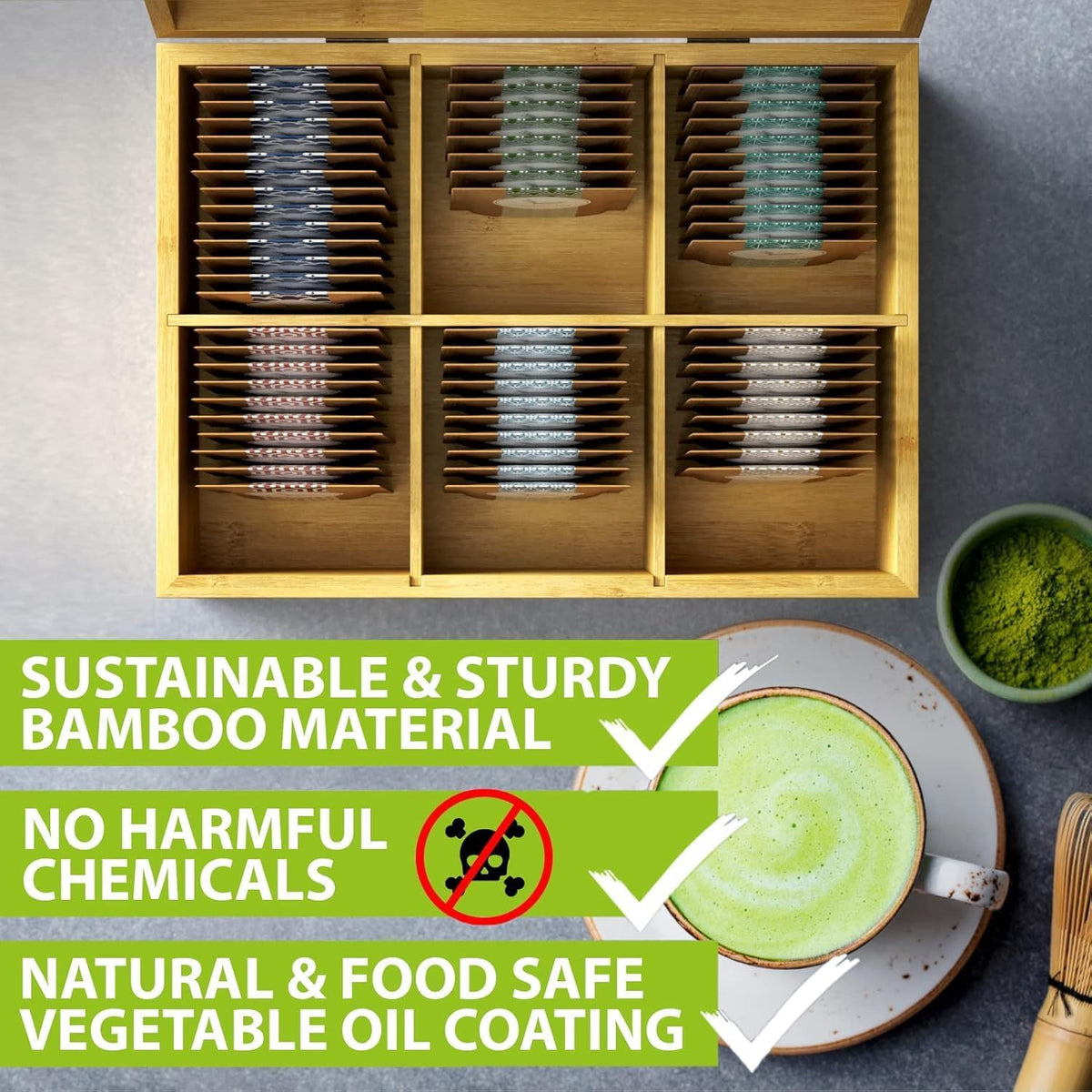 Tea Organizer Box Food Safe Chemical Free Bamboo Wood Storage Chest Big, Tall, Adjustable Cubbies (6-Slot 11" x 8.1" x 4.2" with TEA stamp design)