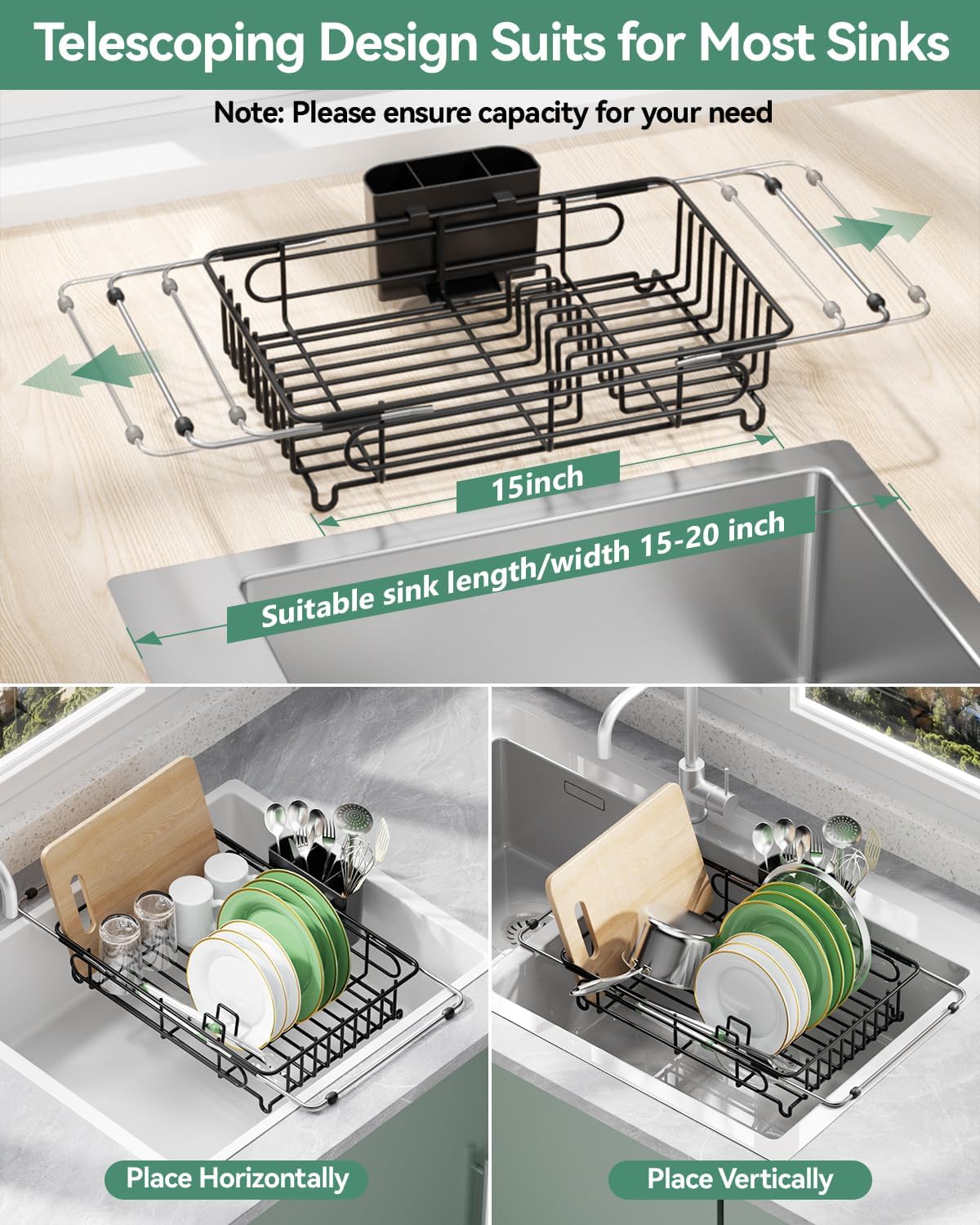 Expandable Dish Drying Rack for in-Sink, Over-Sink, and Counter Use, Dish Drainer with Removable Cutlery Holder, Space Saving & No Assembly Needed 10.5" W x 15" L