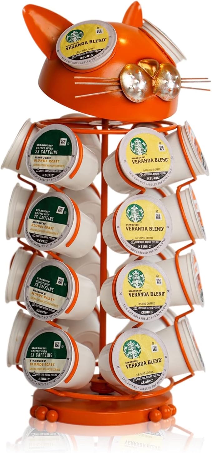 Made Easy Kit Carousel Coffee Pod Holder, Compatible with Keurig K-Pods K-Cups, Countertop Rack Storage Organizer, Metal Home and Kitchen Decor, Capsule Café Station Bar (Small, Orange Cat)