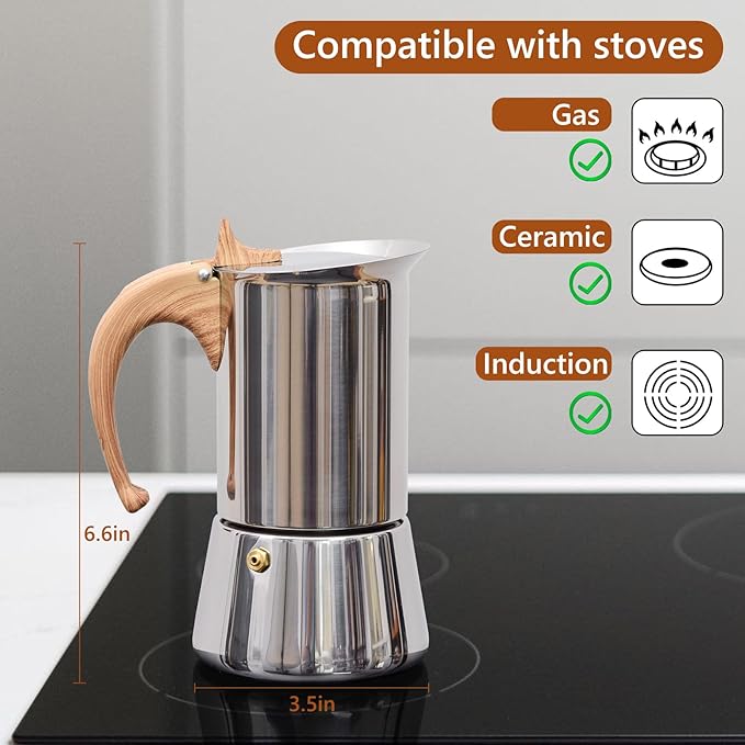 Induction Moka Pot, Stainless Steel, Stovetop Espresso Coffee Maker, 6 Cup/300ml/10.1oz, Easy to Use and Clean, Camping Home Use | for Mocha Cappuccinos, Lattes
