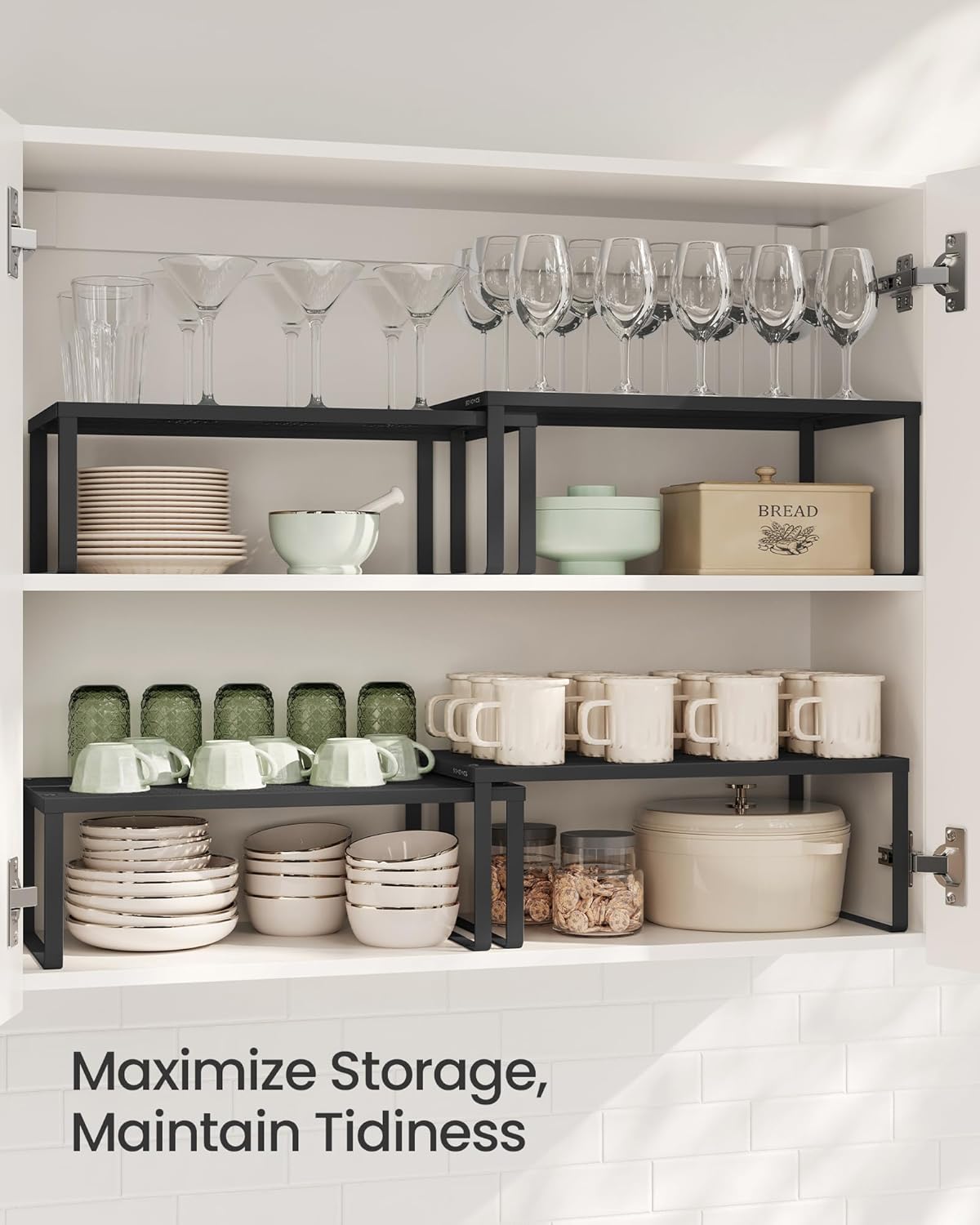 SONGMICS Spice Racks, Set of 2 Metal Cabinet Shelf Organizers, Countertop Organizers, Shelf Risers, Stackable, Expandable, Ink Black UKCS401B01
