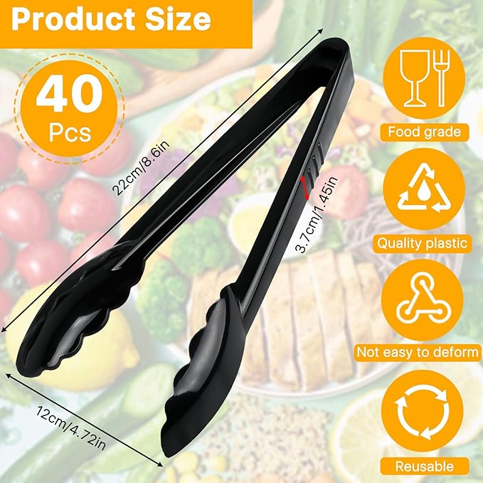 40Pcs Plastic Tongs for Serving Food, 9 Inch Plastic Serving Utensils Tongs, Heavy Duty Salad Tong, Disposable Tong for Food Kitchen Buffets BBQ Events Catering, Medium