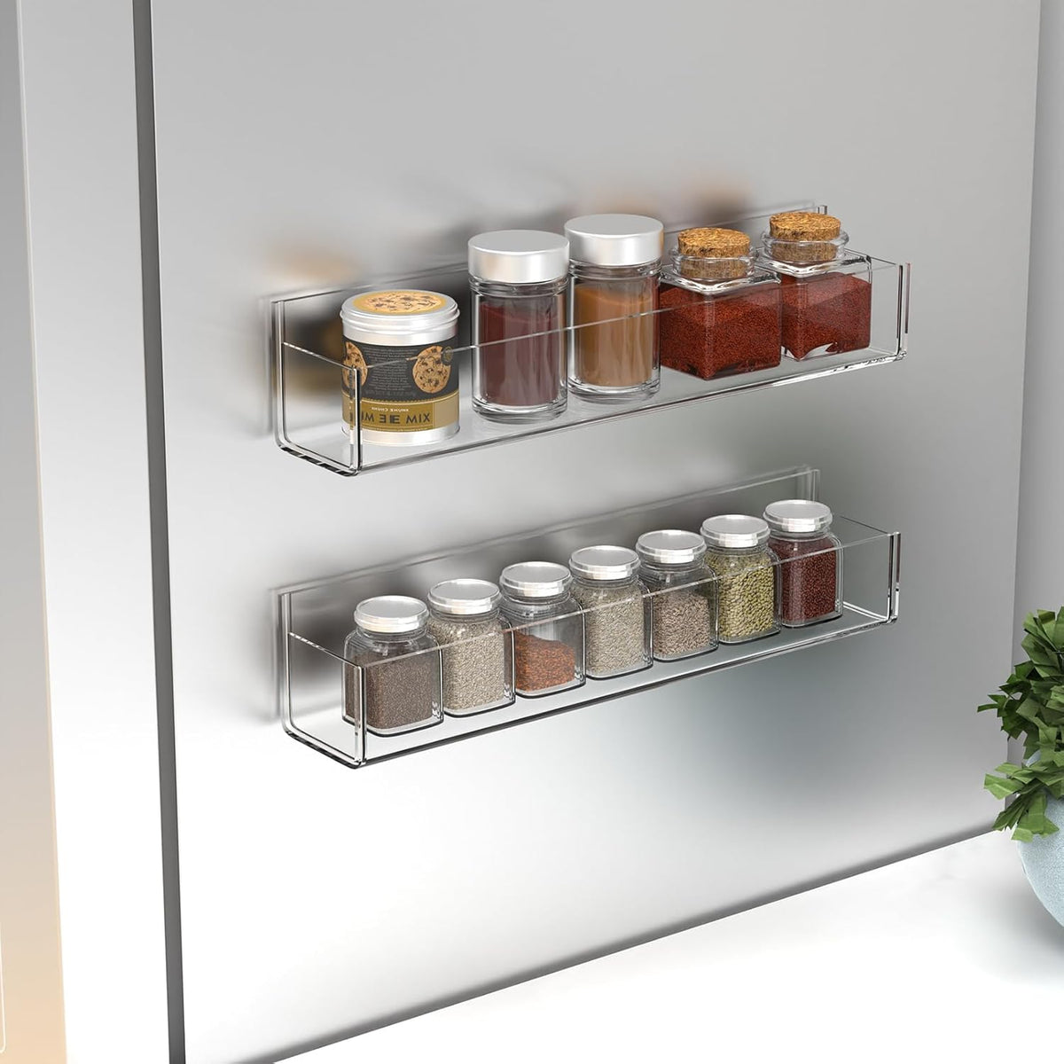 WUIVIUT Invisible Acrylic Wall Spice Rack Adhesive wall mounted rack organizer 11.8 inch spice shelf holder Drilling or self-adhesive organizer rack （Clear-4 Pack）