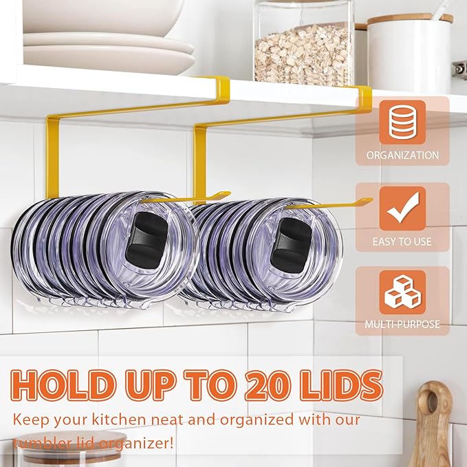 2 Pack Tumbler Lid Organizer, Horizontal Tumbler Lid Storage Hook to Hold Up 20 Lids, Space Saving Cup Lid Holders Under Cabinet Tumbler Lid Hook for Kitchen Organizer, Paper Towel Rack Hanger (Gold)