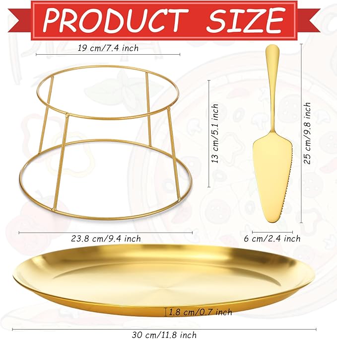 12 Pcs Pizza Stand Set: 4 Metal Stands, 4 Pizza Pans, 4 Spatulas for Weddings, Party(Gold,Round)