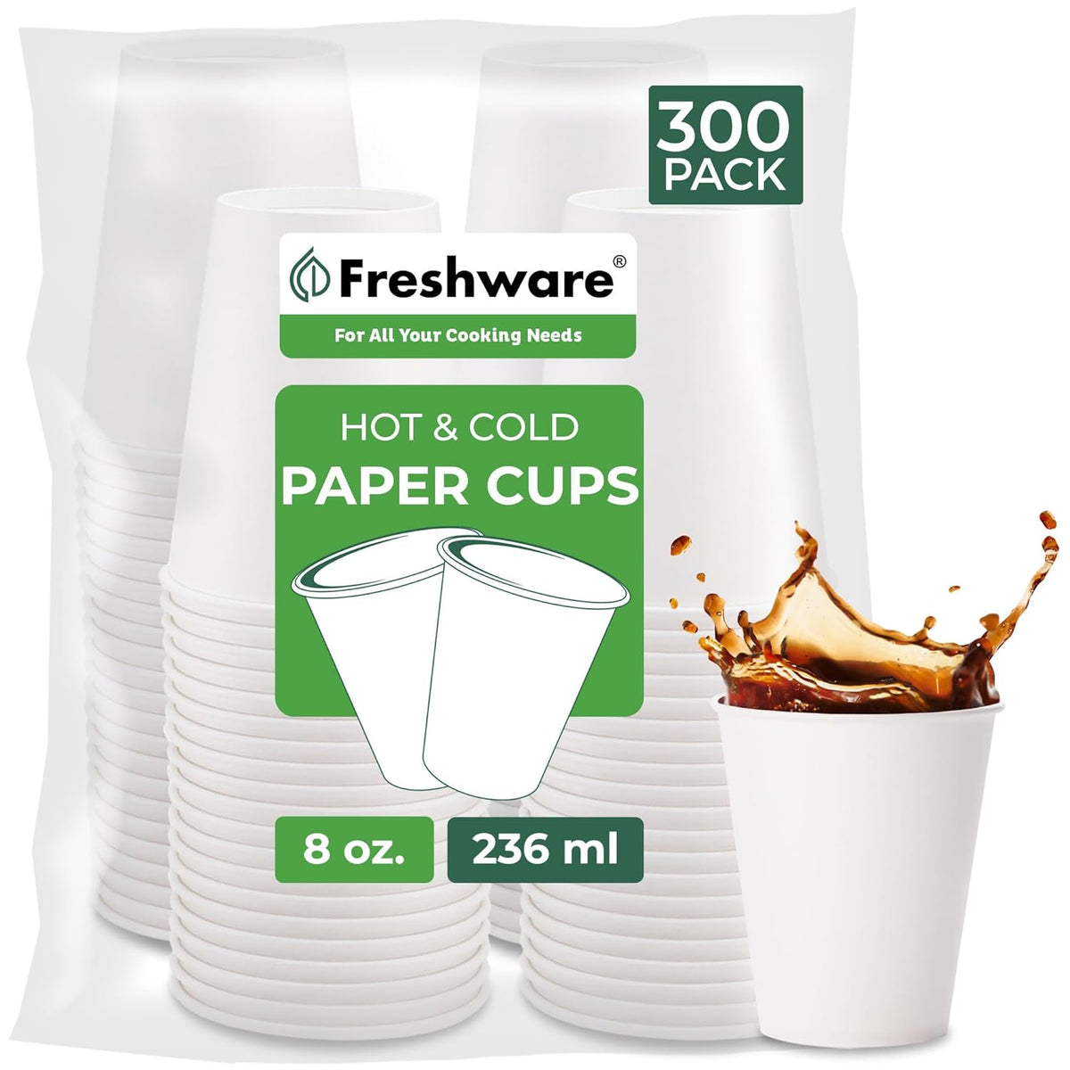 Freshware Coffee Cups 8 oz [300 Pack] Disposable Paper Cups for Hot or Iced Coffee Cup, Slushie Cup, Milkshakes, Smoothies, and Tea