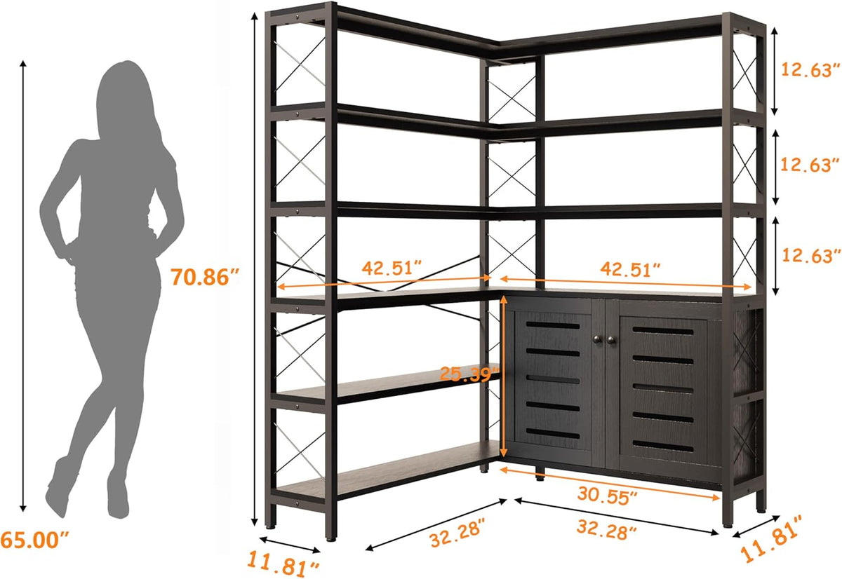 6-Shelf Corner Bookshelf, Vintage Industrial Corner Shelf Etagere Bookcase, Large Book Shelf with Metal Frame Open Storage Corner Cabinet (Black-Lockers, Large)