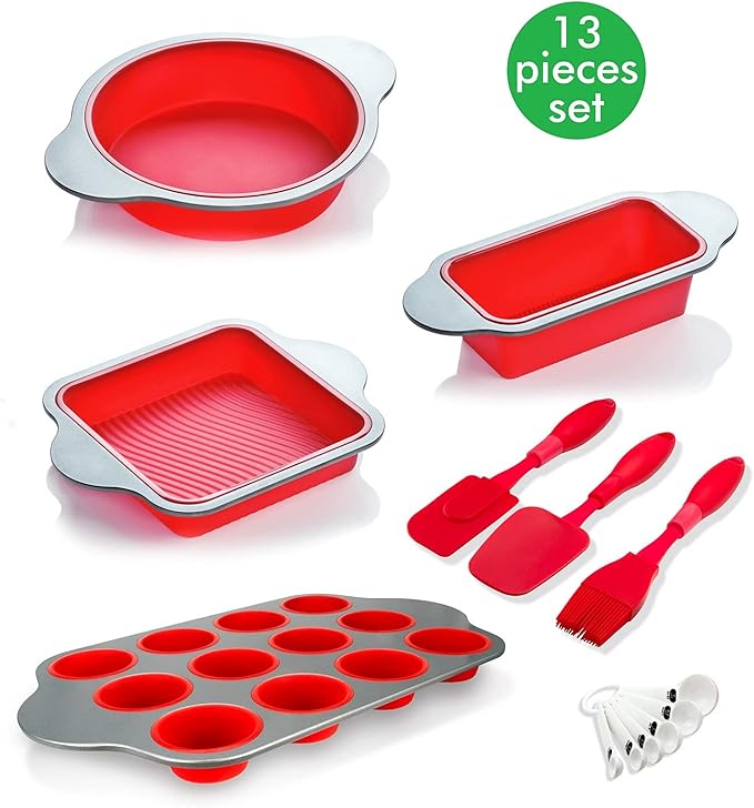 Boxiki Kitchen 13-Piece Non-Stick Silicone Bakeware Set with Cake Pan, Brownie Pan, Loaf Pan, Muffin Mold, Spatulas, Brush, and Measuring Spoons - Oven, Freezer and Dishwasher Safe