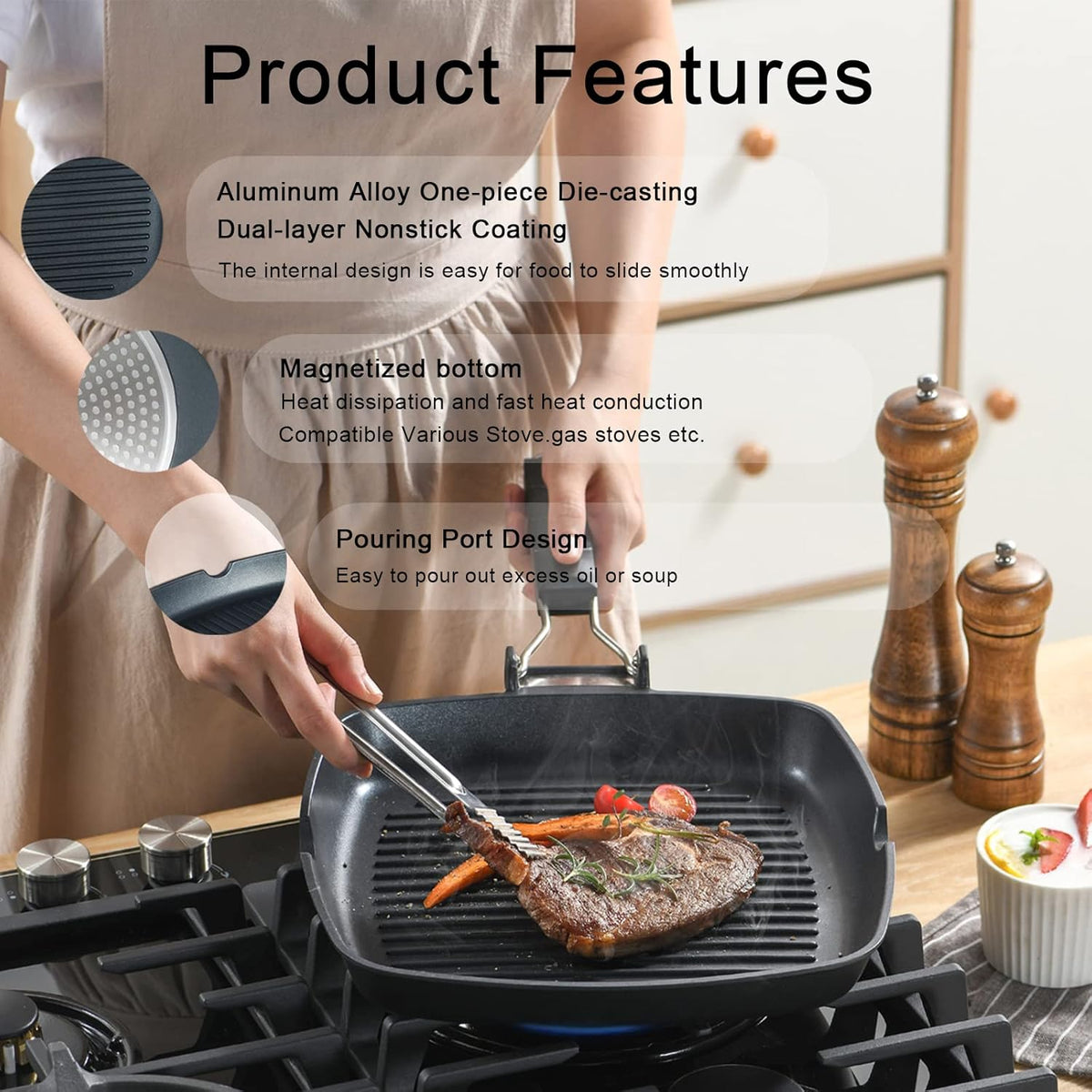 SKITCHN Nonstick Grill Pan With Folding Handle - Induction Compatible KBBQ Pan for Stove Tops, Indoor Square BBQ Grilling With Pour Spouts - 11 in