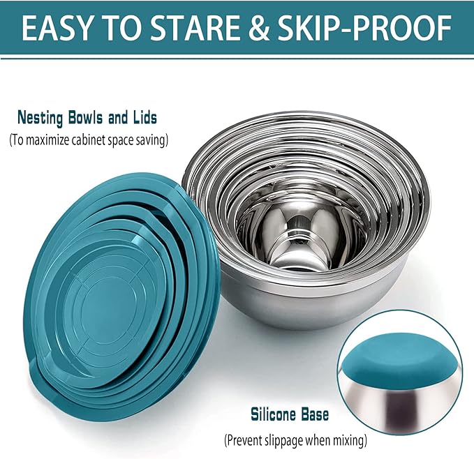 P&P CHEF Mixing Bowls With Lids, Set of 6, Stainless Steel Nesting Mixing Bowls & Fitting Lids & Non-Slip Silicone Bottom, Ideal for Mixing, Storing, Size 0.7/1/1.5/2.5/3/4.6 Qt, Blue