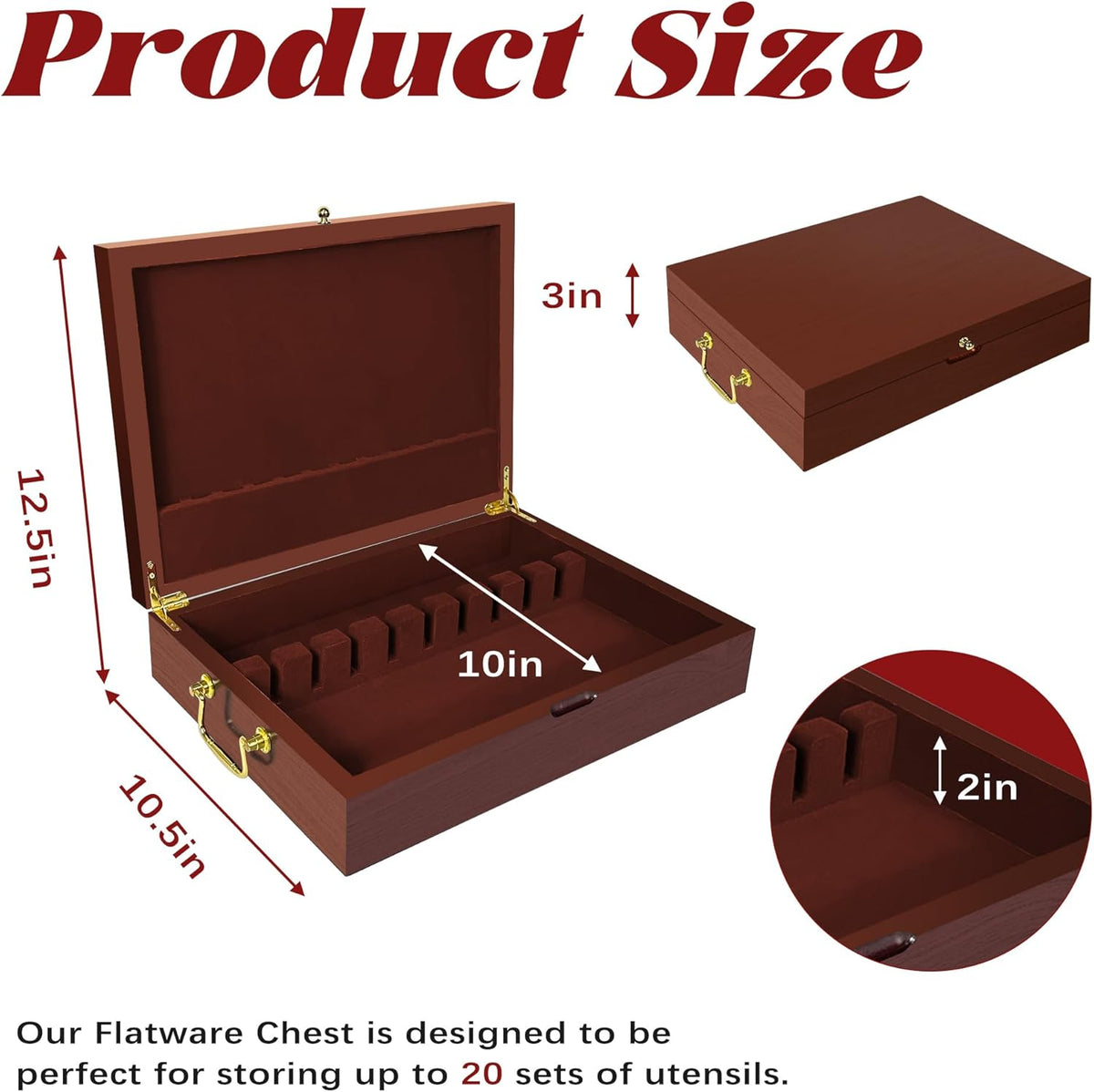 Silverware Storage Box Solid Wood with Lid, Silverware Organizer with Handle and Felt Lined, Silverware Storage Chest for Flatware and Utensils Home Decor Gift, Chest for Flatware Setting Up 15
