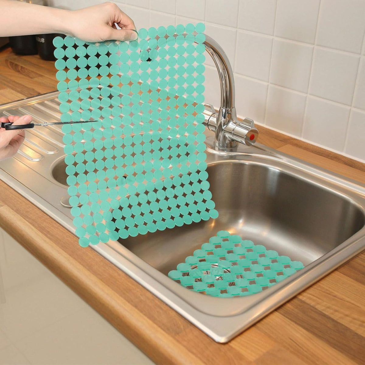 Qulable 2Pack Kitchen Sink Mat for Stainless Steel/Ceramic Sinks, PVC Eco-friendly Protectors for Bottom of Kitchen Sink, Adjustable, Fast Draining, Dots Design, 11.8x15.7 (Light Green)