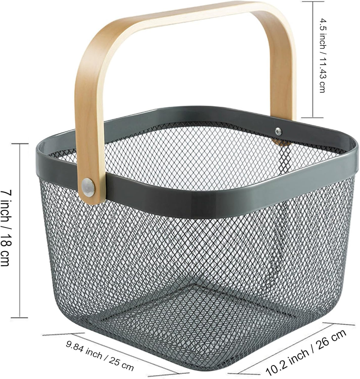 Metal Mesh Steel Basket, Storage Organizer Basket Multi-functional Hanging Kitchen Baskets Fruit Basket with Wooden Handle for Kitchen Bathroom Picnic Shopping Decor Cabinet Home, Grey