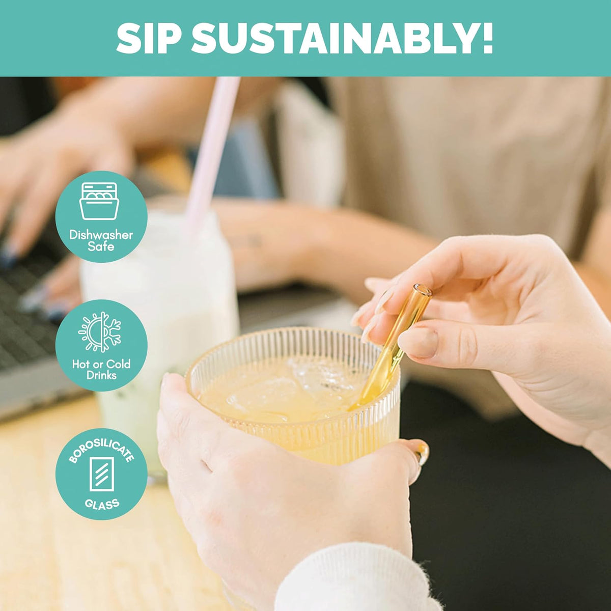 Simply Straws 6 Inch Glass Straws Straight (6-Pack) – Reusable Glass Straws for Low Balls & Stemless Glasses, with Cleaning Brush – Dishwasher Safe, Hot & Cold Use, BPA-Free (Seaglass)