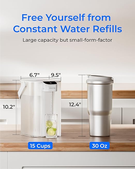 Waterdrop Rechargeable Water Filter Pitcher, Reduce 99.6% of Lead and 45+ Impurities, 1-Year Electric Water Dispenser, Instant 15-Cup Countertop System, NSF/ANSI 401&53&42&372, NOT Reduce TDS
