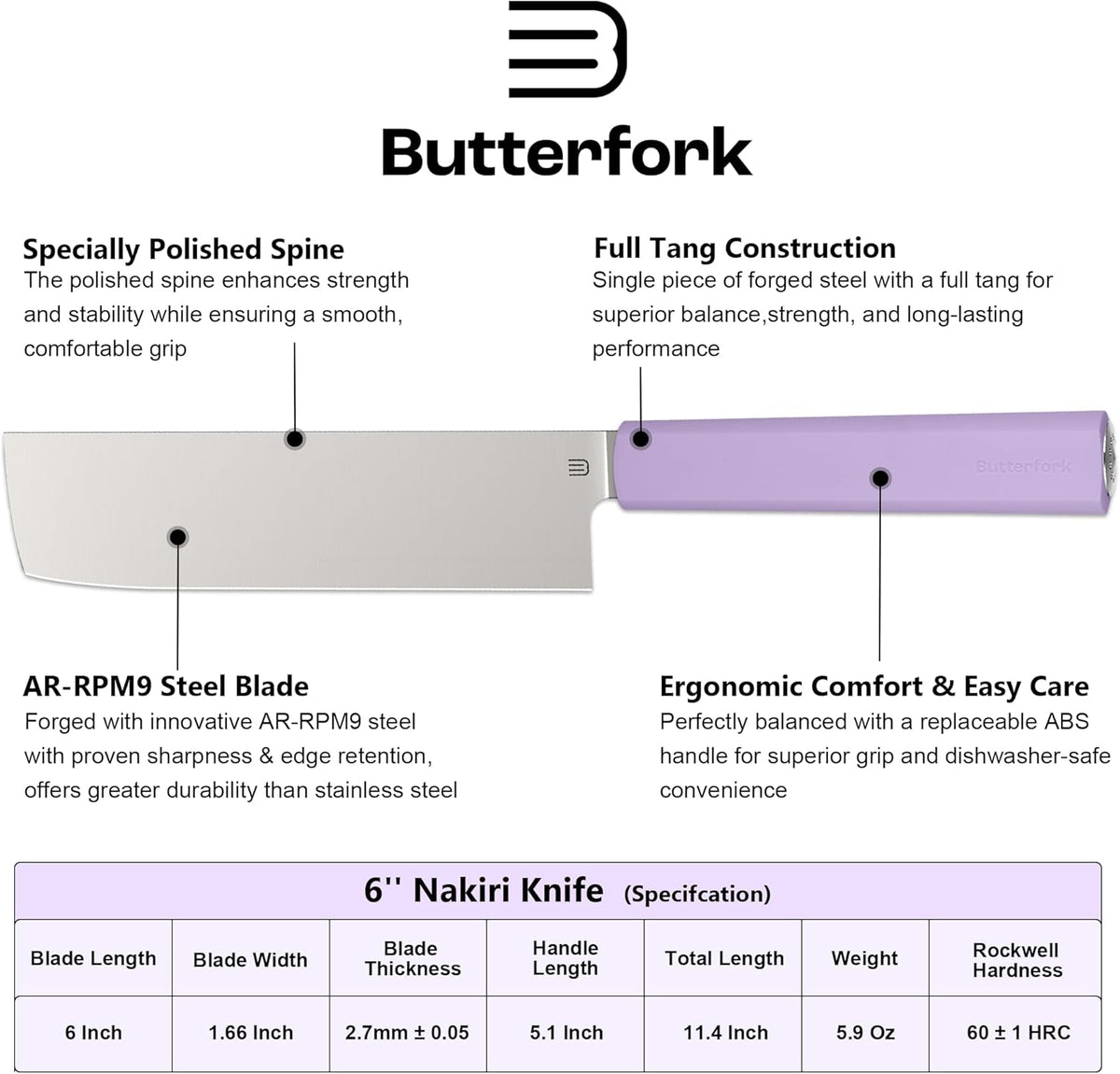 6 Inch Nakiri Knife, Hand Forged AR-RPM9 Steel Blade & Ergonomic Handle, All Purpose Kitchen Cleaver Knife for Meat Vegetable Fruits, Gift for Home Chefs