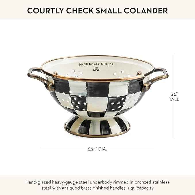 MACKENZIE-CHILDS Enamel Colander, Decorative Kitchen Strainer, Small, Black-and-White Courtly Check