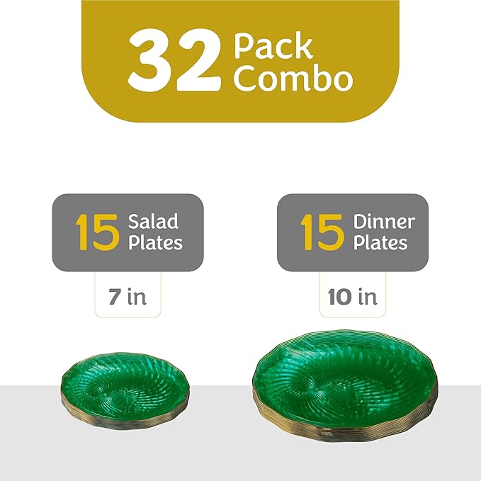 PLASTICPRO 30 Pack Plastic Plates Set of 15-10 inch Plates and 15-7 inch Plates, Elegant Clear Green Spiral and Gold Rim Disposable Fancy Plates Premium Heavyweight