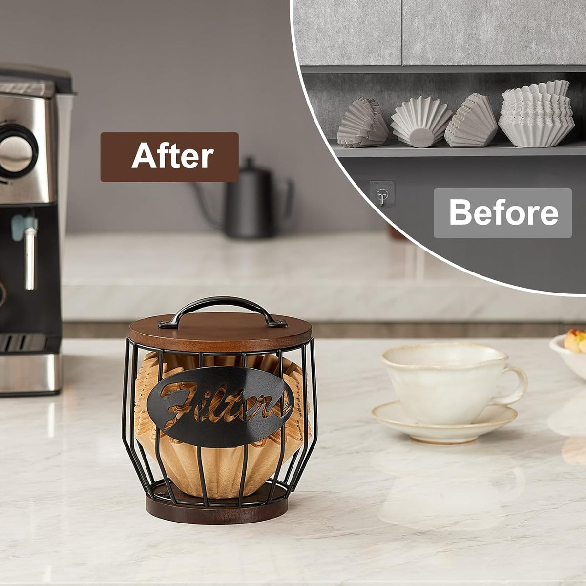 Yangbaga Coffee Filter Holder with Wood Lid,Wood and Metal Coffee Filter Storage Container Basket for Coffee Filters 2-4 Cup,Round Coffee Filter Holder Case for Counter,Coffee Bar Accessories decor