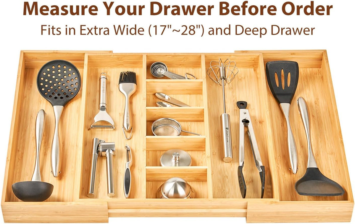 Umilife Extra Large Expandable Kitchen Drawer Organizer for Utensil and Junk, 19" Deep for Big Drawer, 17" to 28" Adjustable Bamboo Wood Drawer Divider, Cutlery Tray, Flatware Holder