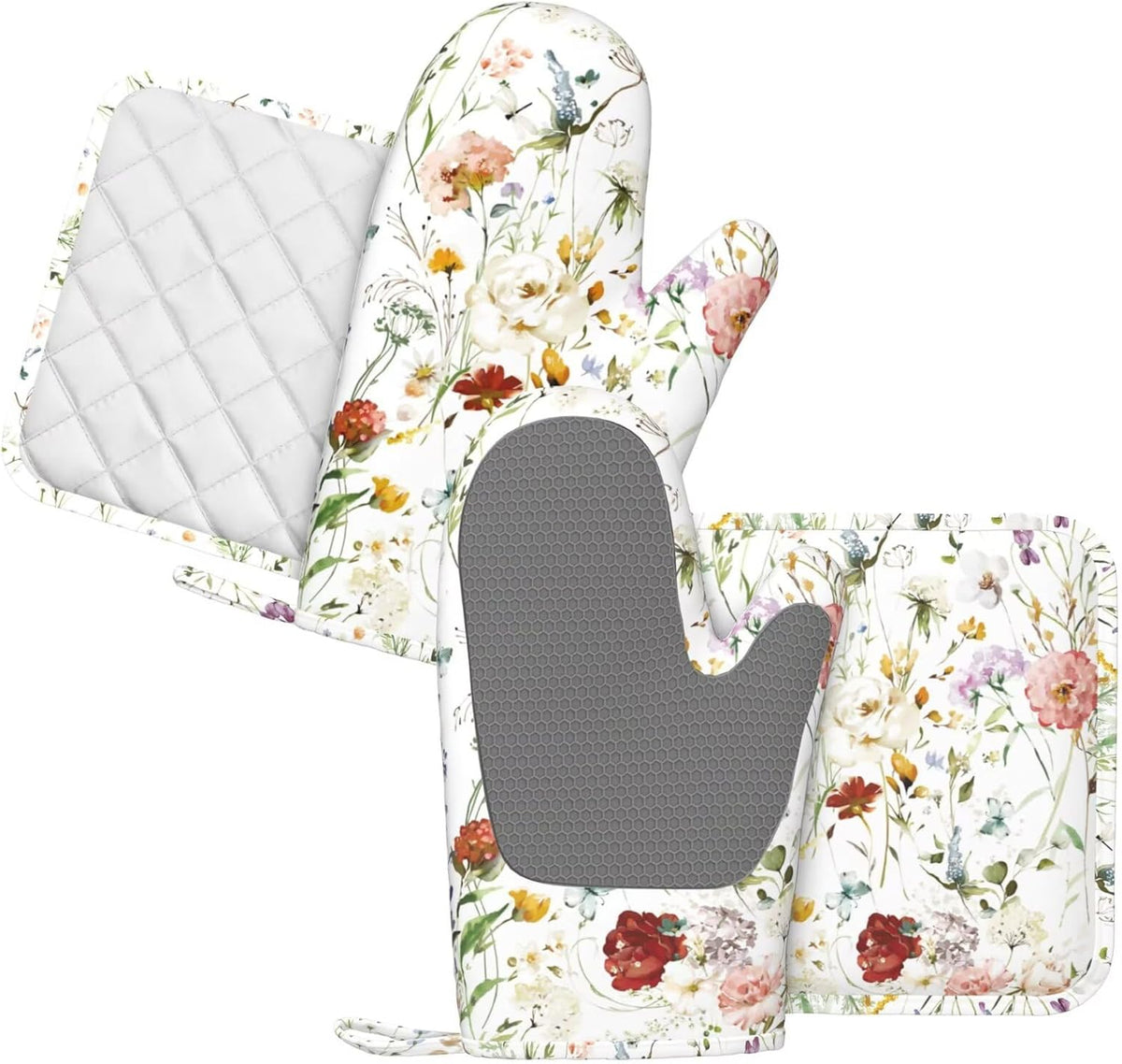 Wildflower Flower Oven Mitts and Pot Holders Set of 4 Silicone Boho Butterfly Hydrangea Kitchen Mitten Gloves and Watercolor Florals Potholders Set Oven Gloves Hot Holders for Kitchen