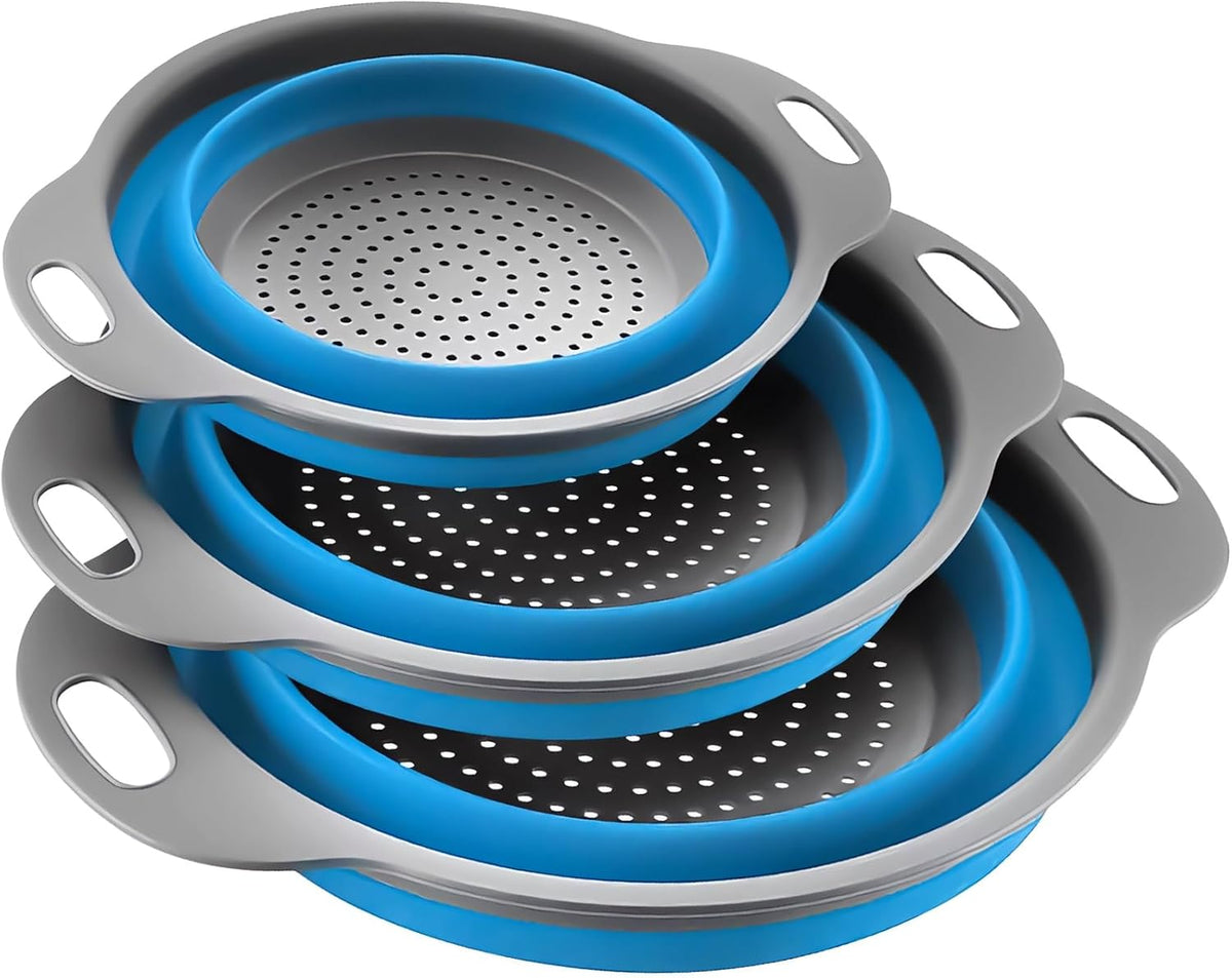Collapsible Colander Set of 3, Space-Saving Foldable Strainer for Kitchen, 3 Sizes Food Strainer for Draining Pasta, Vegetable and Fruit, Kitchen Gadgets for Home Use and Outdoor Camping (Blue)