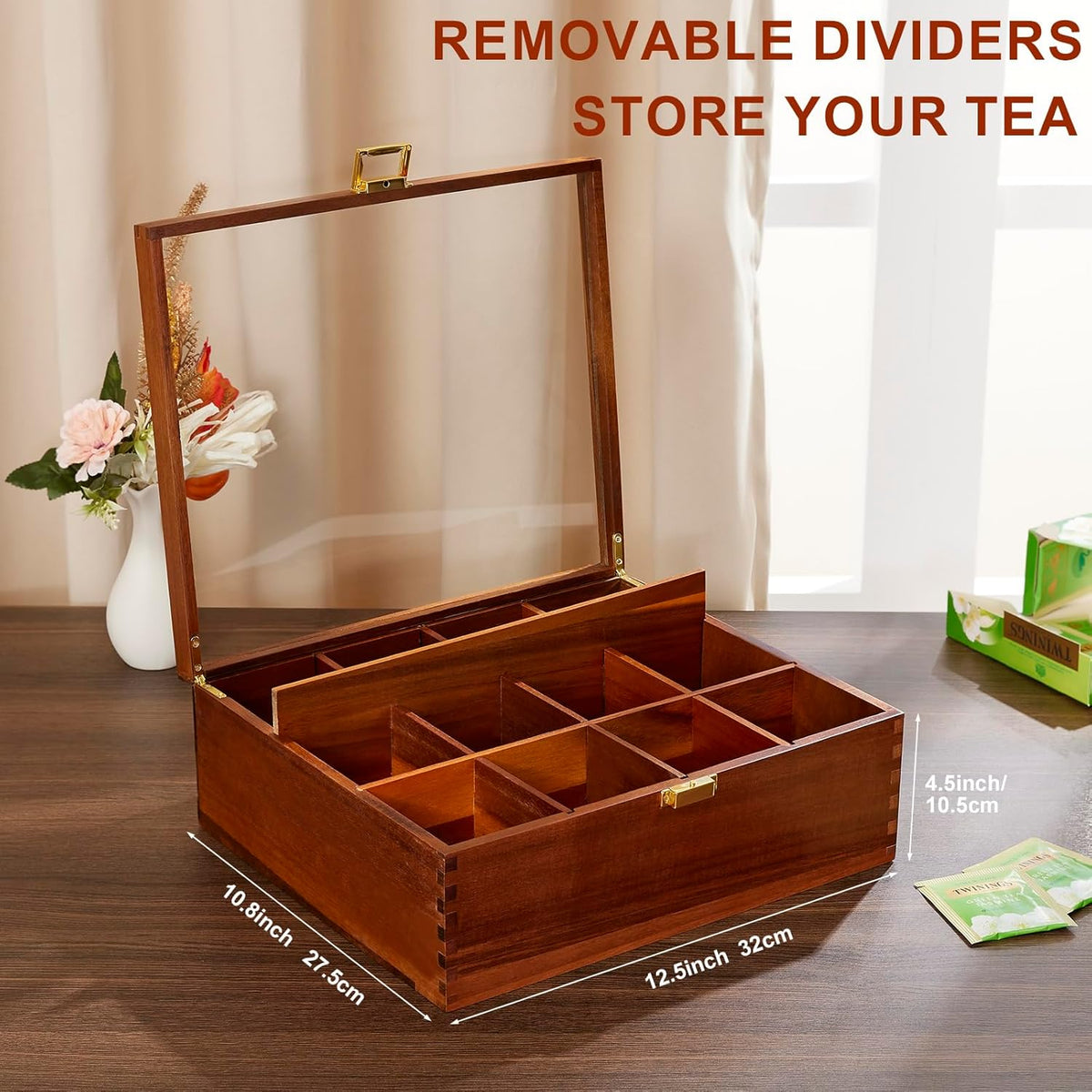 Tea Bag Organizer, Acacia Wood Tea Organizer Box, 12 Compartments Tea Organizer for Tea Bags with Clear Glass Window, Tea Bag Holder for Countertop Kitchen Cabinet Pantry - Keeps Tea Bags Fresh