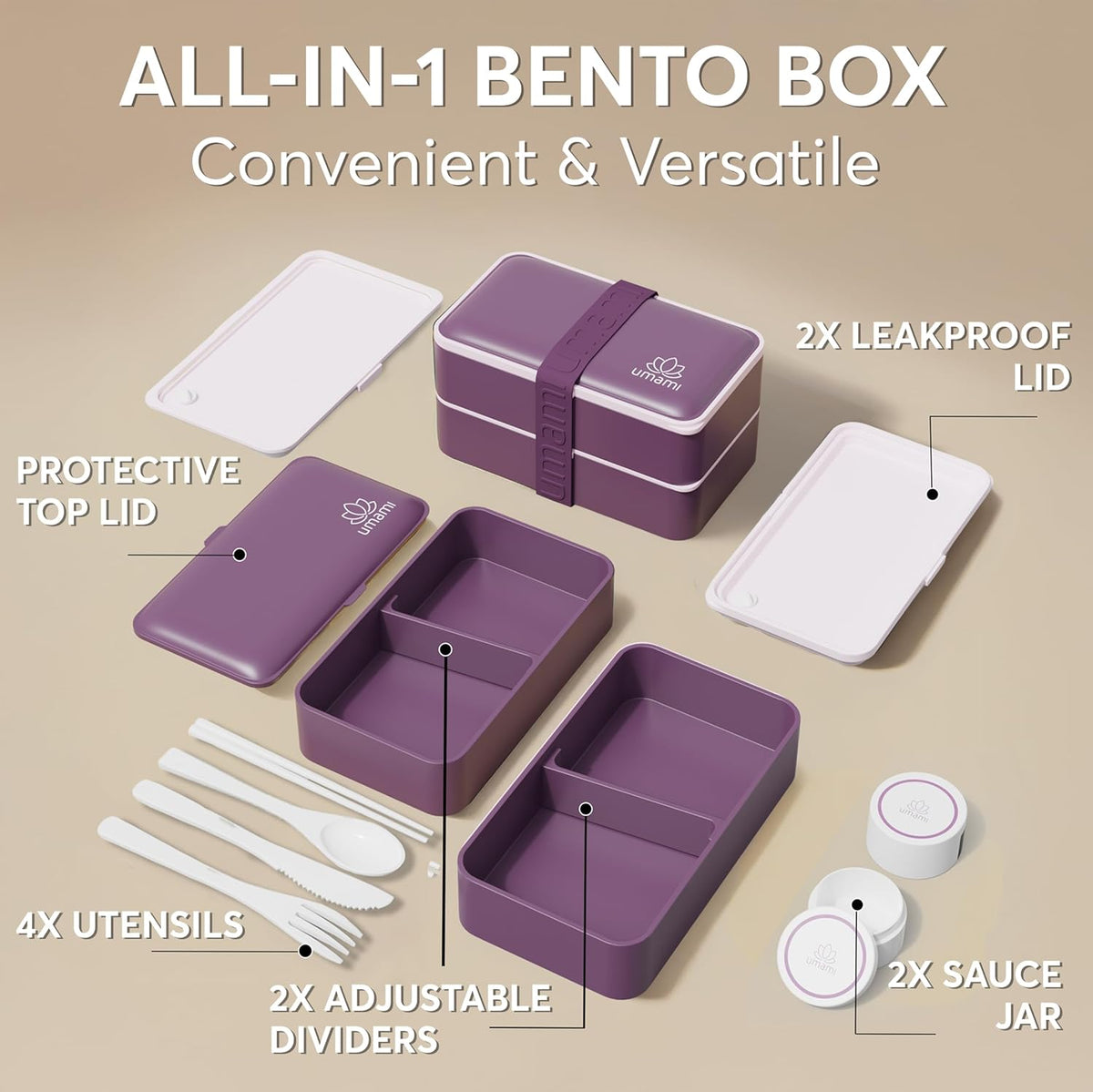 Umami Bento Box Adult All-In-1 w/4 Utensils, 2 Sauce Jars, 2 Dividers, 100% Leakproof, Microwave & Dishwasher Safe, Stackable Bento Lunch Box Containers for Men/Women, Royal Purple, 40 oz