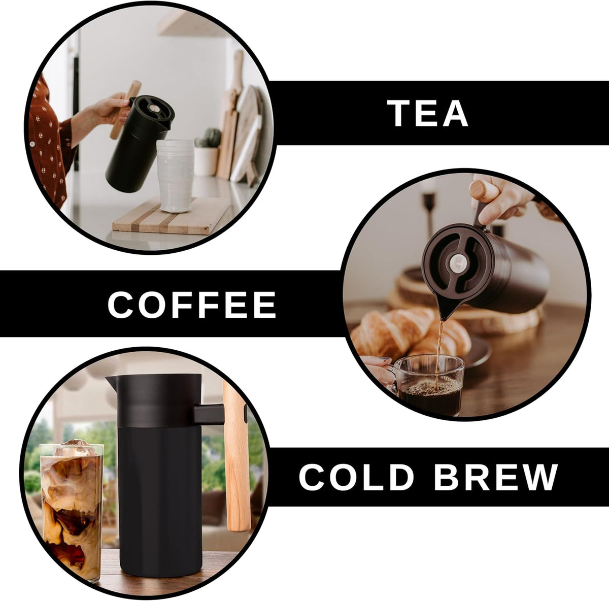 Hastings Collective Thermal Coffee Carafe 40 Oz - Stainless Steel Double Walled Vacuum Insulated Carafe - 1 Liter Thermal Coffee Pot Thermos, Travel Size Beverage Dispenser with Tea Infuser (Black)