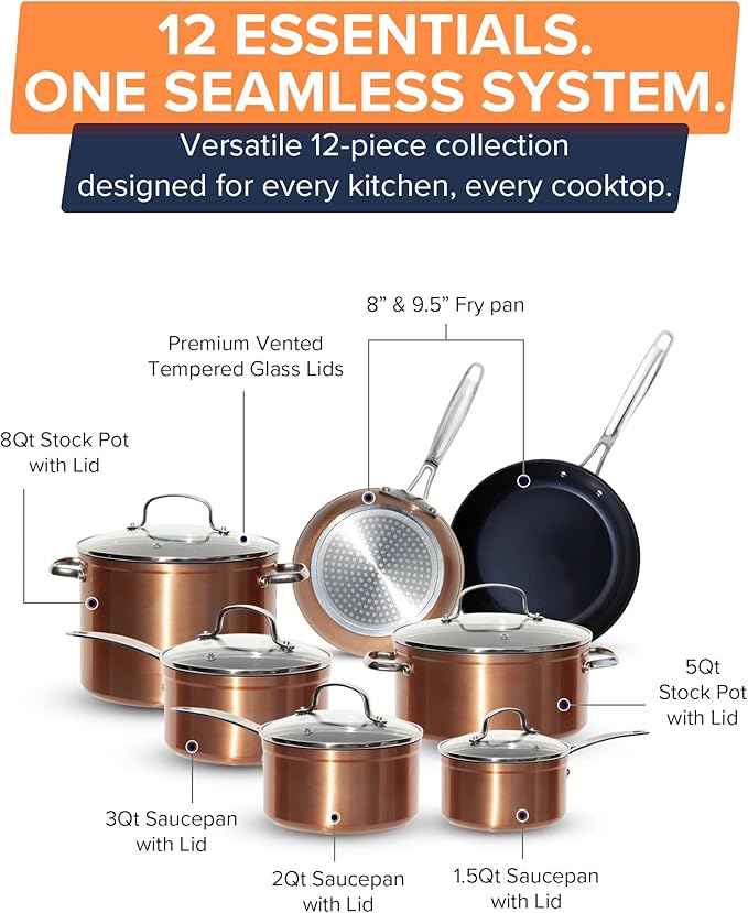 Nuwave Healthy G11-Pots and Pans Set Non Stick, 9H Near-Diamond Hardness Scratch-Resistant, Works on All Stovetops, PFAS Free, with Frying Pans, Saucepans & Glass Lids, Stay-Cool Handles, Copper