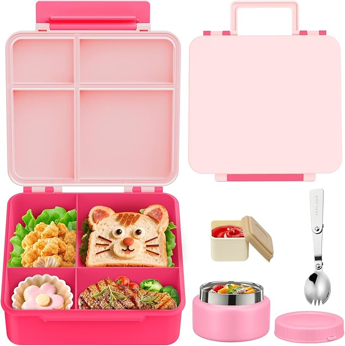 Kids Bento Lunch Box with 8oz Soup Thermo, Kids Leakproof Lunch Food Containers with 4 Compartment,Insulated Hot Food Jar with Lunch Bag for School, Travel (Pink-No lunch bag)